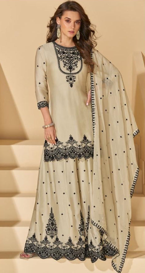 Chinon Embroidery Sequence Work Kurta Palazzo with Dupatta