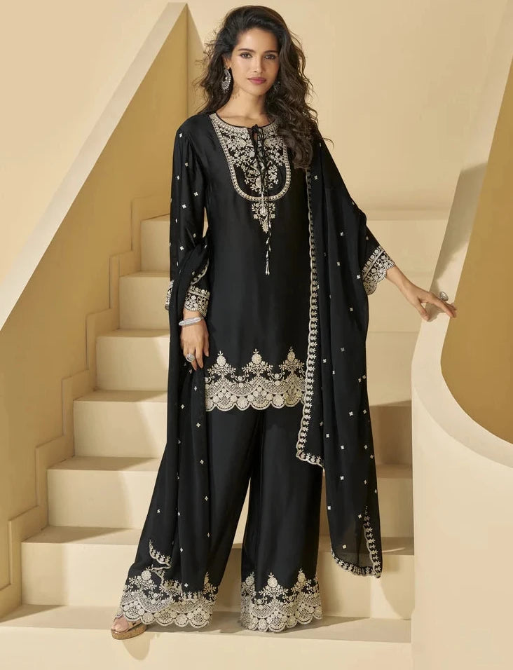 Chinon Embroidery Sequence Work Kurta Palazzo with Dupatta