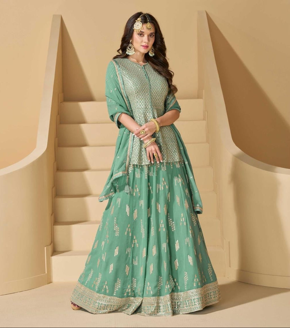 Pastel green georgette top & skirt wedding set